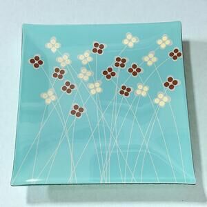 Vintage Mid Century Modern Fused Glass Platter Turquoise Floral Square